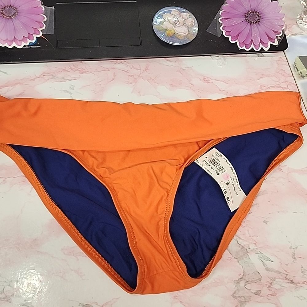 Diane's Malibu Stripe solid banded Navy & Orange bikini bottoms size S 2…